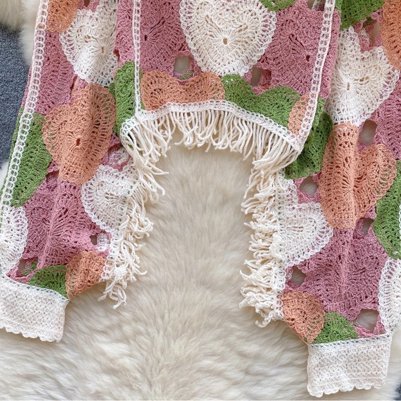 Heart crochet fringe crop top long sleeve open sweater pink green multicolor - Picture 5 of 5